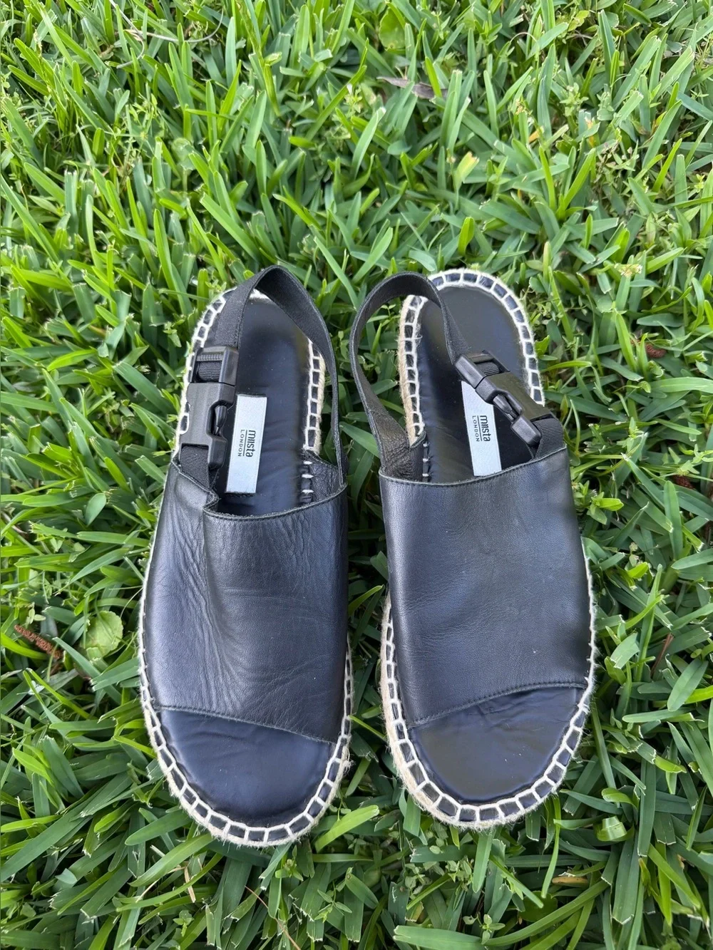 Miista Leather Whipstitch Trim Slingback Flats Espadrille Sandals Black US 8.5